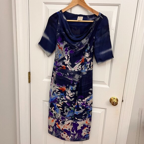 Anthropologie Coquille Blue Watercolor Wearable Art Silk Japonica Sheath Dress 0 - Picture 12 of 14